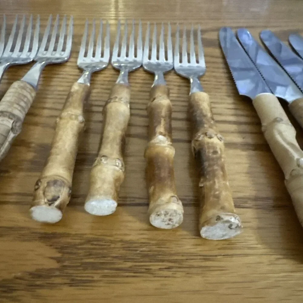 VTG Natural Bamboo Handle Flatware-Made in France Stainless Steel-12 Pieces